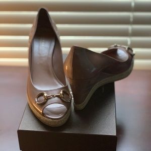 Gucci Platform Peep Toe Wedge Horsebit Blush Rose